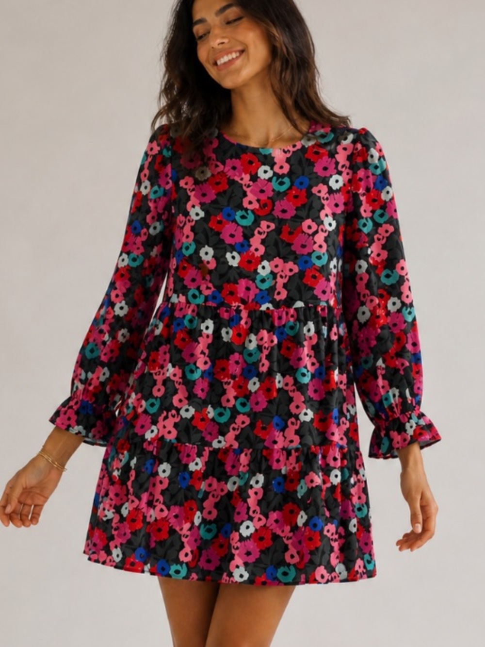 Crosby by Mollie Birch Kirby Dress Floral Mod Black Colorful 70’s Babydoll Sm
